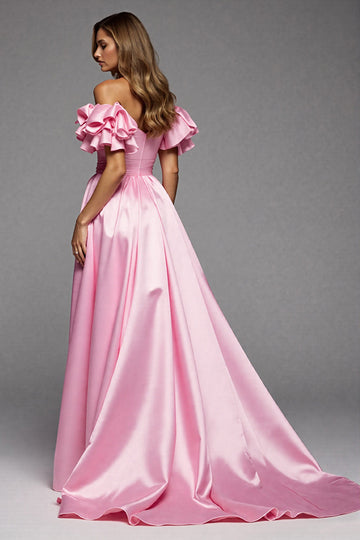 Pink A Line Ruffled Off The Shoulder Long Formal Dress with Slit